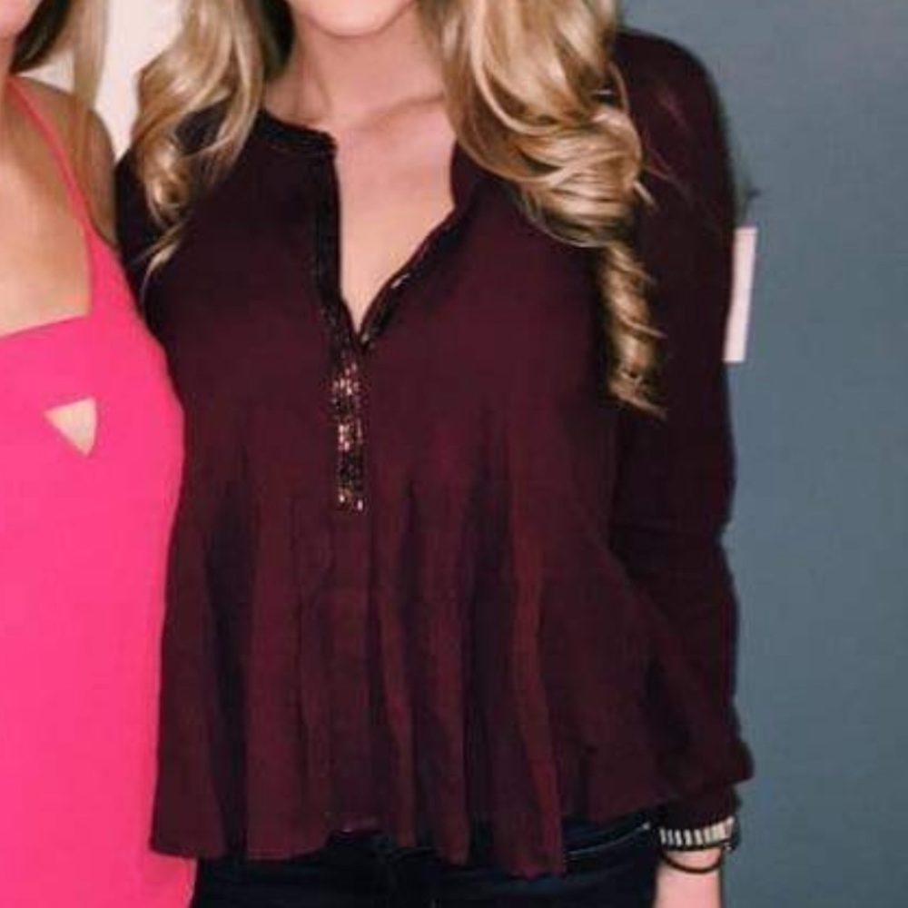 Free people long sleeve blouse with beaded neckline detail